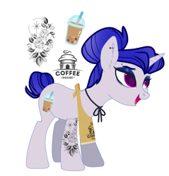 Size: 3923x4096 | Tagged: safe, alternate version, artist:mikkaella, oc, oc only, oc:mellow mocha, pony, unicorn, apron, barista, bedroom eyes, clothes, ear piercing, earring, eyebrow piercing, eyeshadow, female, glowing horn, horn, jewelry, magic, makeup, mare, open mouth, piercing, simple background, solo, tattoo, white background