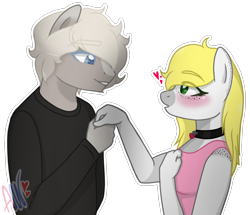 Size: 1810x1557 | Tagged: safe, artist:amgiwolf, oc, oc only, oc:angel heart, earth pony, anthro, blushing, bust, choker, clothes, earth pony oc, eye clipping through hair, eyelashes, female, grin, holding hands, male, oc x oc, shipping, simple background, smiling, straight, transparent background