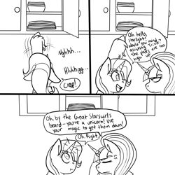 Size: 3000x3000 | Tagged: safe, artist:gingygin, starlight glimmer, trixie, pony, unicorn, series:villain cafe, g4, black and white, cabinet, comic, cross-popping veins, dialogue, duo, facehoof, female, grayscale, high res, horn, horn ring, mare, monochrome, plate, reaching, ring, s5 starlight, speech bubble, unshorn fetlocks