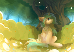 Size: 5000x3560 | Tagged: safe, artist:dedfriend, oc, oc only, pony, unicorn, bush, chest fluff, colored hooves, ear fluff, female, grass, jewelry, looking up, mare, pendant, sitting, solo, tree, underhoof