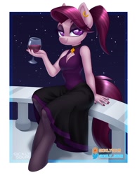 Size: 1000x1283 | Tagged: safe, artist:sickly-sour, oc, oc only, oc:burgundy chalice, anthro, unguligrade anthro, alcohol, choker, clothes, eyeshadow, female, glass, makeup, mare, pantyhose, solo, wine, wine glass