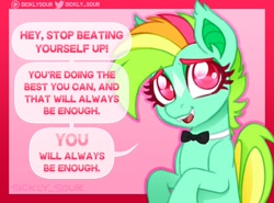 Size: 1200x887 | Tagged: safe, artist:sickly-sour, oc, oc only, oc:kokomo, bat pony, pony, bowtie, female, mare, motivational, solo, talking to viewer, text, truth, wholesome