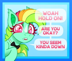 Size: 1466x1251 | Tagged: safe, artist:sickly-sour, oc, oc only, oc:kokomo, bat pony, pony, bowtie, fangs, female, mare, solo, talking to viewer, text