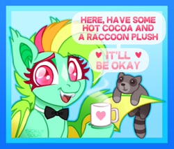 Size: 1466x1251 | Tagged: safe, artist:sickly-sour, oc, oc only, oc:kokomo, bat pony, pony, raccoon, bowtie, bust, chocolate, coat markings, colored wings, ear tufts, facial markings, fangs, female, food, heart, hot chocolate, looking at you, mare, motivational, mug, multicolored mane, plushie, solo, star (coat marking), talking to viewer, text, truth, two toned wings, wholesome, wings