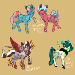 Size: 2000x2000 | Tagged: safe, artist:lavvythejackalope, oc, oc only, earth pony, pegasus, pony, unicorn, braid, brown background, chest fluff, colored hooves, earth pony oc, glowing horn, high res, horn, jewelry, magic, necklace, one eye closed, pegasus oc, simple background, telekinesis, two toned wings, unicorn oc, unshorn fetlocks, wings, wink