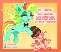 Size: 2334x2000 | Tagged: safe, artist:sickly-sour, oc, oc only, oc:kokomo, bat pony, pony, bowtie, bucket, eyes closed, fangs, female, flying, heart, high res, mare, motivational, solo, text
