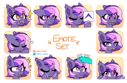 Size: 2227x1456 | Tagged: safe, artist:sickly-sour, oc, oc only, oc:midnight mist, bat pony, pony, blushing, cute, disgusted, emotes, eyebrows, eyelashes, fangs, female, floppy ears, gradient background, gradient eyes, hooves, hooves on cheeks, looking at you, mare, multicolored mane, ocbetes, onomatopoeia, patreon, patreon logo, patting, purple coat, raised eyebrow, simple background, sleeping, smug, sound effects, starry eyes, transparent background, upvote, uwu, wingding eyes, zzz