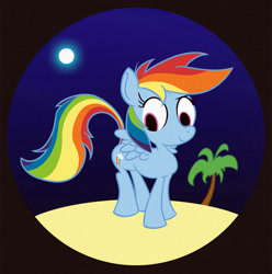 Size: 1000x1008 | Tagged: safe, artist:drojan, rainbow dash, pegasus, pony, g4, backwards cutie mark, female, looking down, mare, moon, night, palm tree, solo, tree