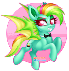 Size: 1071x1103 | Tagged: safe, artist:sickly-sour, oc, oc only, oc:kokomo, pony, bowtie, fangs, female, flying, mare, solo, wings