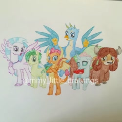 Size: 1080x1080 | Tagged: safe, artist:mmy_little_drawings, gallus, ocellus, sandbar, silverstream, smolder, yona, changedling, changeling, classical hippogriff, dragon, earth pony, griffon, hippogriff, pony, yak, g4, crossed arms, dragoness, eyelashes, female, jewelry, male, necklace, stallion, student six, traditional art, watermark, wings