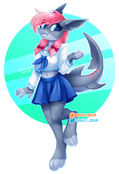 Size: 1022x1483 | Tagged: safe, artist:sickly-sour, oc, oc only, original species, shark, shark pony, anthro, anthro oc, bow, clothes, cute, female, hair bow, midriff, sharp teeth, skirt, smiling, solo, teeth