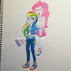 Size: 1080x1080 | Tagged: safe, artist:mmy_little_drawings, pinkie pie, rainbow dash, equestria girls, equestria girls series, g4, clothes, converse, cutie mark, cutie mark on clothes, eyelashes, eyes closed, female, geode of sugar bombs, geode of super speed, jacket, lesbian, magical geodes, open mouth, pants, piggyback ride, ship:pinkiedash, shipping, shoes, skirt, smiling, traditional art, watermark