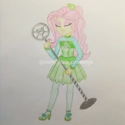 Size: 1026x1026 | Tagged: safe, artist:mmy_little_drawings, fluttershy, equestria girls, g4, my little pony equestria girls: better together, so much more to me, clothes, eyelashes, eyes closed, female, grin, high heels, microphone, shoes, skirt, smiling, traditional art, watermark