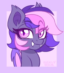 Size: 1804x2037 | Tagged: safe, artist:sickly-sour, oc, oc only, oc:midnight mist, bat pony, pony, bust, fangs, female, mare, solo