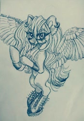 Size: 714x1024 | Tagged: safe, artist:maryhoovesfield, oc, oc only, pegasus, pony, ear fluff, ear piercing, earring, female, jewelry, mare, pegasus oc, piercing, signature, solo, spread wings, traditional art, wings