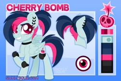 Size: 1458x976 | Tagged: safe, artist:sickly-sour, oc, oc only, oc:cherry bomb, pony, choker, ear piercing, female, knee pads, mare, piercing, ponytail, solo