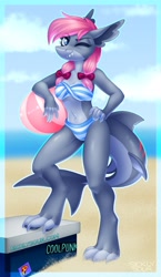 Size: 988x1706 | Tagged: safe, artist:sickly-sour, oc, oc only, original species, shark, shark pony, anthro, anthro oc, bow, clothes, female, grin, hair bow, smiling, swimsuit