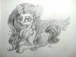Size: 1024x768 | Tagged: safe, artist:maryhoovesfield, oc, oc only, pegasus, pony, ear fluff, eyelashes, female, lying down, mare, pegasus oc, prone, signature, solo, traditional art, wings