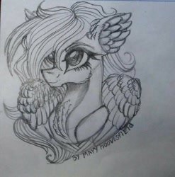 Size: 1010x1024 | Tagged: safe, artist:maryhoovesfield, oc, oc only, pegasus, pony, chest fluff, ear fluff, eyelashes, female, grayscale, mare, monochrome, pegasus oc, signature, smiling, solo, traditional art, wings