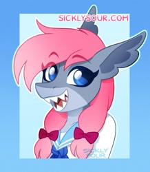 Size: 885x1016 | Tagged: safe, artist:sickly-sour, oc, oc only, original species, shark, shark pony, anthro, anthro oc, bow, bust, female, hair bow, smiling, solo