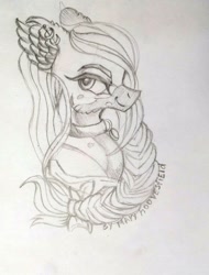 Size: 779x1024 | Tagged: safe, artist:maryhoovesfield, oc, oc only, earth pony, pony, chest fluff, choker, ear fluff, ear piercing, earring, earth pony oc, eyelashes, female, grayscale, jewelry, mare, monochrome, piercing, signature, smiling, solo, traditional art