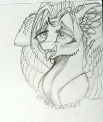 Size: 863x1024 | Tagged: safe, artist:maryhoovesfield, oc, oc only, pegasus, pony, ahegao, ear fluff, eyelashes, eyes rolling back, female, grayscale, mare, monochrome, open mouth, pegasus oc, signature, smiling, solo, tongue out, traditional art, wings