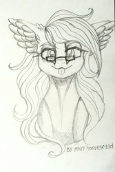 Size: 683x1024 | Tagged: safe, artist:maryhoovesfield, oc, oc only, earth pony, pony, :p, bust, ear fluff, earth pony oc, eyelashes, female, grayscale, mare, monochrome, signature, smiling, solo, tongue out, traditional art