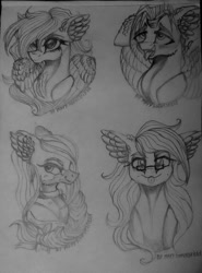 Size: 758x1024 | Tagged: safe, artist:maryhoovesfield, oc, oc only, earth pony, pegasus, pony, :p, ahegao, chest fluff, choker, ear fluff, ear piercing, earring, earth pony oc, eyelashes, eyes rolling back, female, glasses, grayscale, jewelry, mare, monochrome, open mouth, pegasus oc, piercing, signature, smiling, tongue out, traditional art, wings