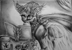 Size: 1024x720 | Tagged: safe, artist:maryhoovesfield, oc, oc only, bat pony, pony, bat pony oc, bat wings, book, clothes, dress, ear fluff, eyelashes, female, grayscale, mare, monochrome, reading, signature, solo, traditional art, wings