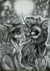 Size: 716x1024 | Tagged: safe, artist:maryhoovesfield, oc, oc only, pegasus, pony, unicorn, duo, ear fluff, eyelashes, full moon, grayscale, horn, looking at each other, monochrome, moon, night, outdoors, pegasus oc, signature, traditional art, unicorn oc, wings