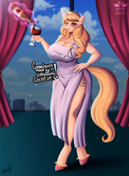 Size: 2200x3000 | Tagged: safe, artist:hinatawolf, taralicious, oc, oc only, anthro, unguligrade anthro, alcohol, big breasts, breasts, building, cleavage, clothes, curtains, dress, female, glass, high res, levitation, magic, magic aura, mare, one eye closed, side slit, signature, sparkles, telekinesis, total sideslit, window, wine glass, wink