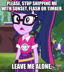 Size: 500x557 | Tagged: safe, edit, edited screencap, screencap, sci-twi, twilight sparkle, human, equestria girls, equestria girls series, g4, sunset's backstage pass!, spoiler:eqg series (season 2), caption, cropped, female, flipped, glasses, image macro, imgflip, implied flash sentry, implied flashlight, implied lesbian, implied scitwishimmer, implied shipping, implied straight, implied sunset shimmer, implied sunsetsparkle, implied timber spruce, implied timbertwi, mouthpiece, solo, text