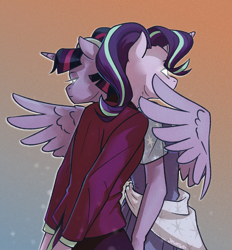 Size: 2256x2430 | Tagged: safe, artist:jewellier, starlight glimmer, twilight sparkle, alicorn, unicorn, anthro, g4, the last problem, clothes, dress, glowing eyes, headmare starlight, high res, hug, jacket, older, older starlight glimmer, older twilight, older twilight sparkle (alicorn), princess twilight 2.0, twilight sparkle (alicorn), winghug, wings