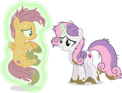 Size: 9393x7160 | Tagged: safe, artist:kojibiose, scootaloo, sweetie belle, pegasus, pony, unicorn, g4, growing up is hard to do, absurd resolution, duo, magic, messy mane, messy tail, mud, older, older scootaloo, older sweetie belle, scratches, simple background, telekinesis, transparent background