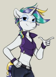 Size: 828x1133 | Tagged: safe, artist:sinrar, rarity, unicorn, anthro, g4, alternate hairstyle, clothes, ear piercing, earring, jewelry, lidded eyes, midriff, pants, piercing, punk, raripunk, smiling, solo, vest