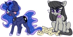 Size: 1397x717 | Tagged: safe, artist:gunya, octavia melody, princess luna, alicorn, earth pony, pony, g4, ;p, blush sticker, blushing, cute, duo, eyebrows, eyebrows visible through hair, lunabetes, octavia is not amused, one eye closed, palindrome get, paper, simple background, sitting, tongue out, unamused, white background, wink