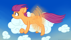 Size: 3150x1785 | Tagged: safe, artist:chipwanderer, scootaloo, pegasus, pony, g4, cloud, female, filly, flying, gradient background, sky, solo, wings