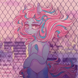 Size: 2000x2000 | Tagged: safe, artist:gunya, oc, oc only, earth pony, semi-anthro, arm hooves, blush sticker, blushing, city, fence, high res, solo, windswept mane