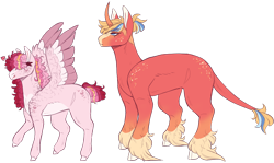 Size: 1920x1146 | Tagged: safe, artist:sleepy-nova, oc, oc only, classical unicorn, pegasus, pony, unicorn, arrow, blank flank, cloven hooves, duo, freckles, hair over eyes, heart arrow, horn, leonine tail, magical gay spawn, magical lesbian spawn, offspring, parent:big macintosh, parent:shining armor, parents:cadancepie, parents:shiningmac, shoulder freckles, simple background, transparent background, unshorn fetlocks