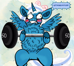 Size: 2668x2400 | Tagged: safe, artist:snowfall-13, oc, oc only, oc:fleurbelle, alicorn, pony, alicorn oc, blushing, bow, chest fluff, female, hair bow, high res, horn, impossibly large chest fluff, mare, solo, weight lifting, weights, wings, yellow eyes