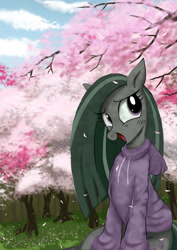 Size: 1024x1449 | Tagged: safe, artist:neoshrek, marble pie, earth pony, pony, g4, clothes, cute, female, hoodie, marblebetes, mare, solo, spring, tree