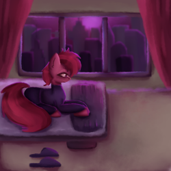 Size: 3000x3000 | Tagged: safe, artist:menalia, oc, oc only, unnamed oc, earth pony, pony, bed, city, clothes, curtains, emotionless, female, high res, long sleeved shirt, lying, mare, moon, night, pants, pillow, slippers, solo, window