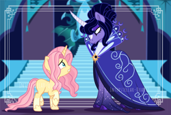 Size: 2492x1684 | Tagged: safe, artist:interstellar-quartz, fluttershy, princess luna, pony, amaryllisverse, g4, alternate design, cloak, clothes, unicorn fluttershy