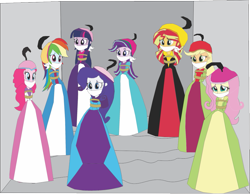 Size: 1065x828 | Tagged: safe, artist:caido58, applejack, fluttershy, pinkie pie, rainbow dash, rarity, sci-twi, starlight glimmer, sunset shimmer, twilight sparkle, equestria girls, g4, 1000 hours in ms paint, arm behind back, bondage, bound and gagged, cloth gag, clothes, dress, gag, help us, humane five, humane seven, humane six, solo, tied up, twilight sparkle (alicorn)