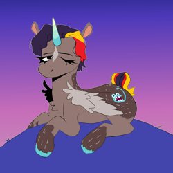 Size: 1080x1080 | Tagged: safe, artist:cottagerammy, alicorn, pony, colored horn, colt, horn, jerma985, lying, male, one eye closed, ponified, solo, wink