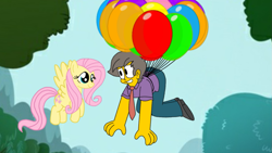 Size: 1191x670 | Tagged: safe, artist:haileykitty69, fluttershy, human, pegasus, pony, g4, balloon, crossover, crossover shipping, duo, female, floating, fluttermour, male, mare, seymour skinner, shipping, the simpsons, then watch her balloons lift her up to the sky, wat