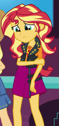Size: 269x573 | Tagged: safe, screencap, applejack, sunset shimmer, a fine line, equestria girls, g4, my little pony equestria girls: better together, <:|, aw man, clothes, cropped, cute, drat, game store, geode of empathy, hand on arm, jewelry, leather, leather vest, looking down, magical geodes, necklace, offscreen character, offscreen human, sad, shoulderless shirt, skirt, solo focus, vest
