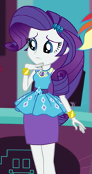 Size: 313x587 | Tagged: safe, screencap, rainbow dash, rarity, a fine line, equestria girls, equestria girls series, g4, <:|, belt, blue eyes, blue eyeshadow, bracelet, clothes, cropped, cute, cutie mark on clothes, disappointed, dress, eyeshadow, frilly design, geode of shielding, gold, hairpin, hand on chin, jewelry, light skin, magical geodes, makeup, offscreen character, offscreen human, oh my, pencil skirt, pendant, purple eyebrows, purple hair, rarity peplum dress, skirt, sleeveless, solo focus, tank top