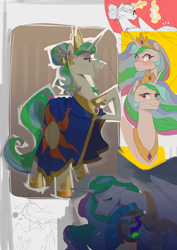 Size: 4092x5787 | Tagged: safe, artist:egil, guardian angel (g4), princess celestia, alicorn, pony, g4, alternate hairstyle, blushing, clothes, crown, ethereal mane, female, guardsmare, jewelry, mare, regalia, robes, royal guard, sketch, sombra eyes