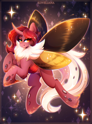 Size: 2068x2800 | Tagged: safe, artist:koveliana, oc, oc only, oc:flechette, changeling, moth, mothling, original species, eye clipping through hair, female, high res, looking at you, raised hoof, red changeling, simple background, smiling